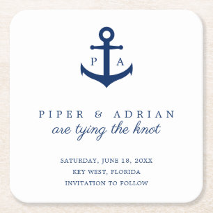 Nautical Navy Blue Anchor Monogram Save the Date Square Paper Coaster