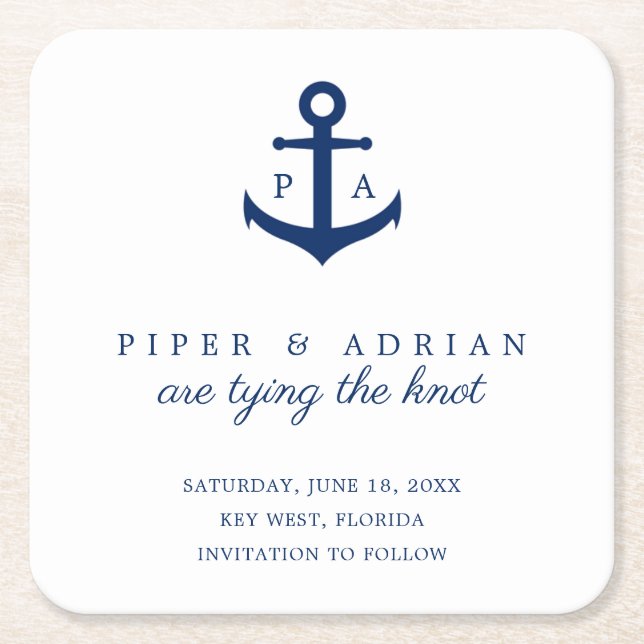 Nautical Navy Blue Anchor Monogram Save the Date Square Paper Coaster (Front)