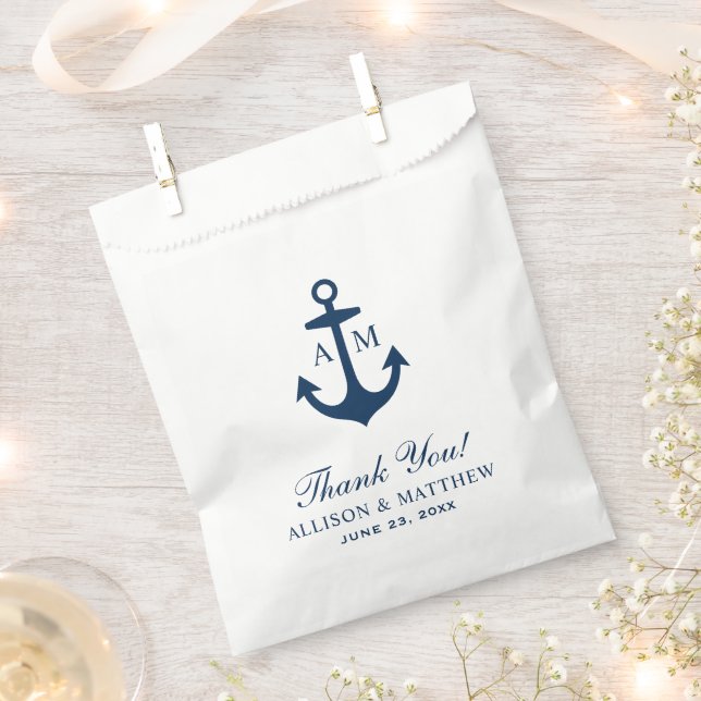 Nautical Navy Blue Anchor Monogram Wedding Favor Bag (Clipped)