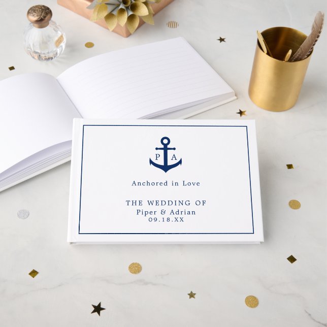Nautical Navy Blue Anchor Monogram Wedding Guest Book (Front Open)