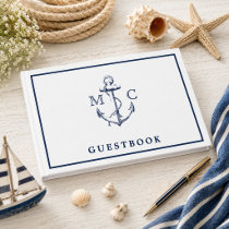 Nautical Navy Blue Anchor Monogram Wedding Guest Book