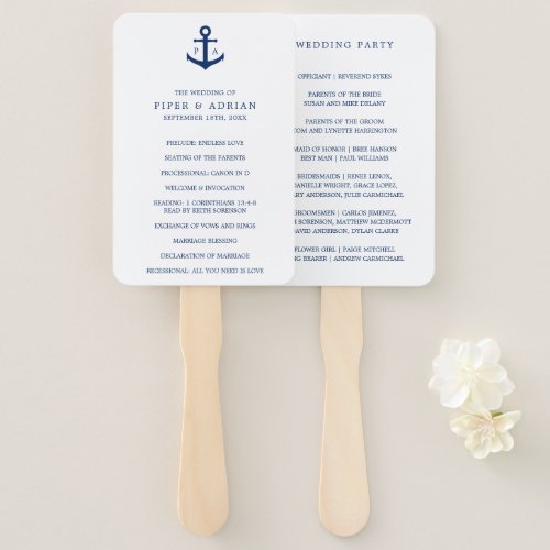 Nautical Navy Blue Anchor Monogram Wedding Program Hand Fan