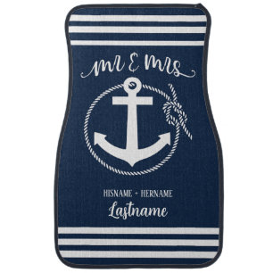 Nautical Navy Blue Anchor Mr and Mrs Car Floor Mat