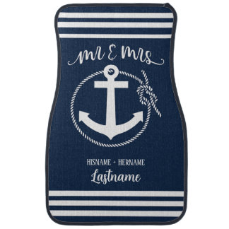 Nautical Navy Blue Anchor Mr and Mrs Car Floor Mat