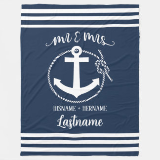 Nautical Navy Blue Anchor Mr and Mrs Fleece Blanket