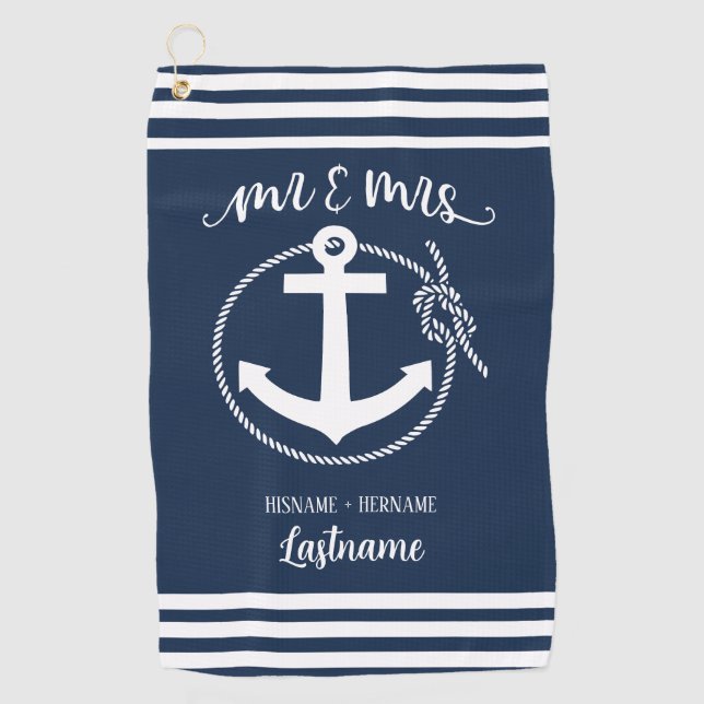 Nautical Navy Blue Anchor Mr and Mrs Golf Towel (Front)