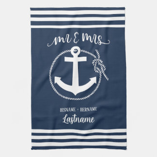 Nautical Navy Blue Anchor Mr and Mrs Kitchen Towel