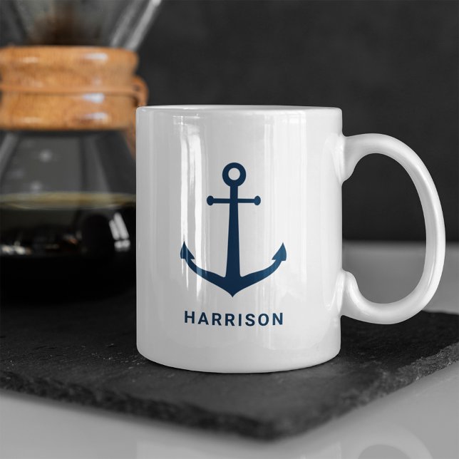 Nautical Navy Blue Anchor Name Monogram Coffee Mug (Creator Uploaded)