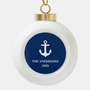 Nautical Navy Blue Anchor Name Year Ceramic Ball Christmas Ornament