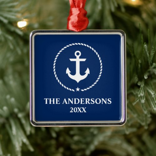 Nautical Navy Blue Anchor Name Year Metal Ornament