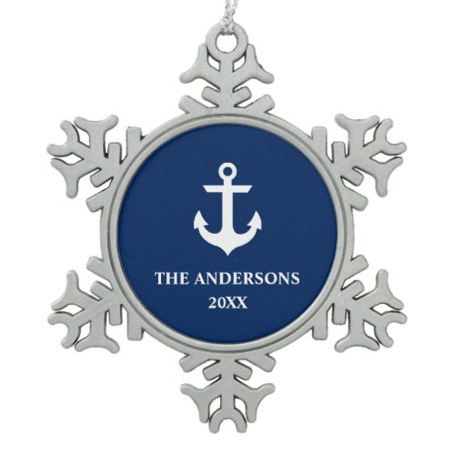 Nautical Navy Blue Anchor Name Year S Snowflake Pewter Christmas Ornament