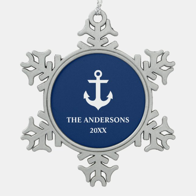 Nautical Navy Blue Anchor Name Year S Snowflake Pewter Christmas Ornament (Front)
