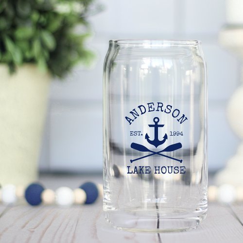Nautical Navy Blue Anchor Oars Family Lake House Can Glass