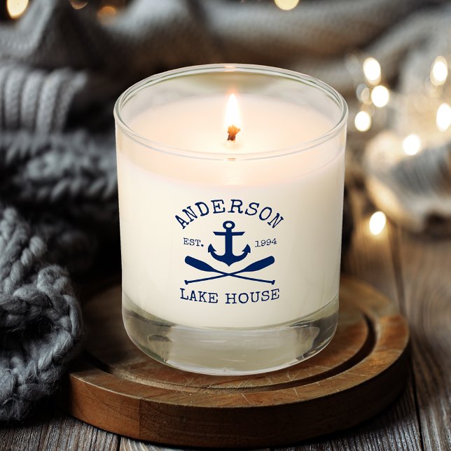 Nautical Navy Blue Anchor Oars Family Lake House Scented Candle (Customize to add more text to back.)