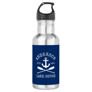 Nautical Navy Blue Anchor Oars Family Lake House Stainless Steel Water Bottle
