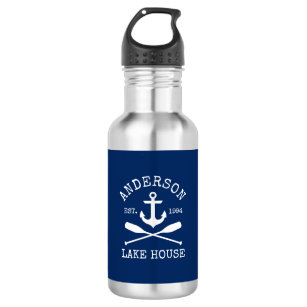 Nautical Navy Blue Anchor Oars Family Lake House Stainless Steel Water Bottle