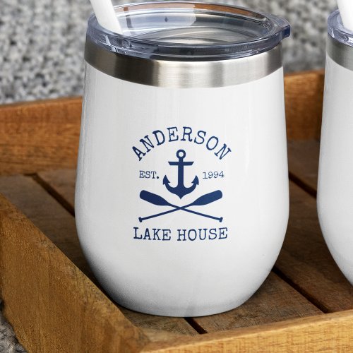 Nautical Navy Blue Anchor Oars Family Lake House Thermal Wine Tumbler