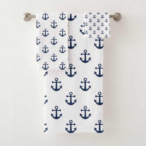 Nautical navy blue anchor on a white background bath towel set