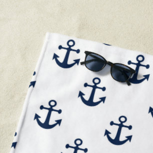 Nautical navy blue anchor on a white background beach towel