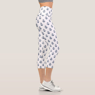 Nautical navy blue anchor on a white background capri leggings