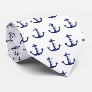 Nautical Navy Blue Anchor on White Pattern Neck Tie