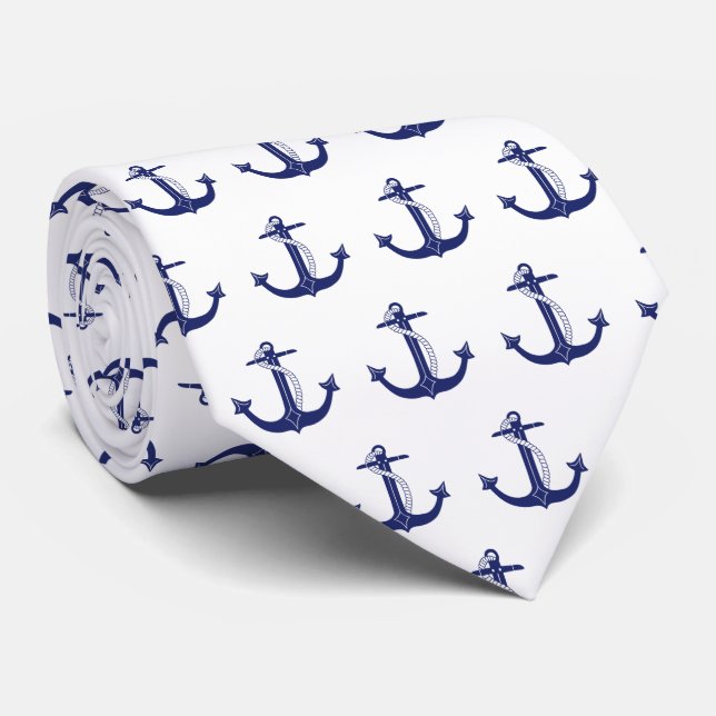 Nautical Navy Blue Anchor on White Pattern Neck Tie (Rolled)