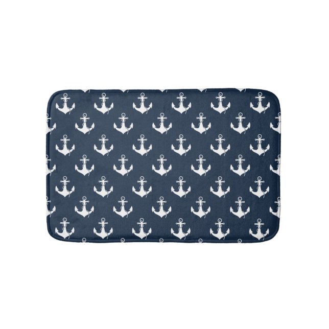 Nautical Navy Blue Anchor Pattern Bath Mat (Front)