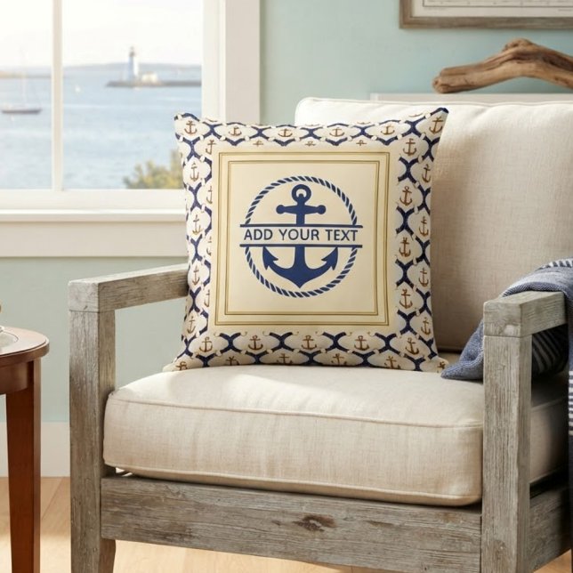 Nautical Navy Blue Anchor Pattern Custom Monogram Throw Pillow (Creator Uploaded)