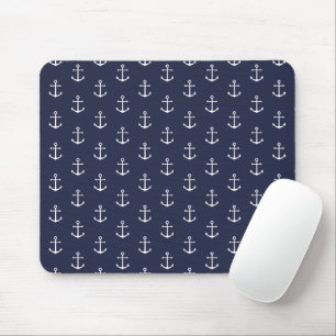 Nautical Navy Blue Anchor Pattern Mouse Pad