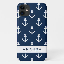 Nautical navy blue anchor pattern personalized iPhone 11 case