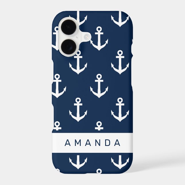 Nautical navy blue anchor pattern personalized iphone case (Back)