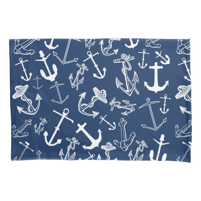 Nautical  Navy Blue Anchor Pattern Pillow Case (Front)
