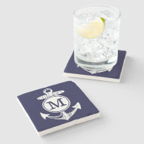 Nautical Navy Blue Anchor Pattern Stone Coaster
