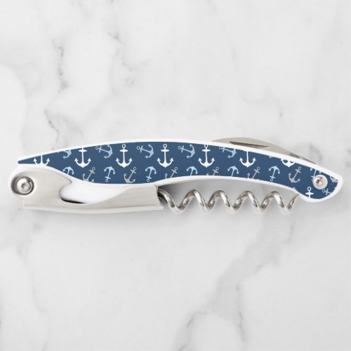 Nautical Navy Blue Anchor Pattern Waiters Corkscrew