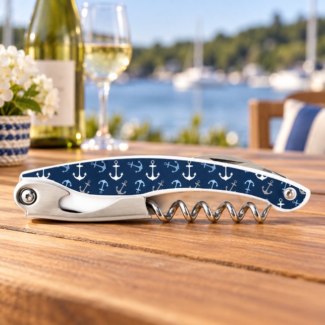 Nautical Navy Blue Anchor Pattern Waiter's Corkscrew (Creator Uploaded)