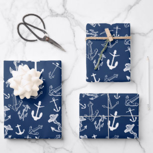 Nautical Navy Blue Anchor Pattern Wrapping Paper Sheets