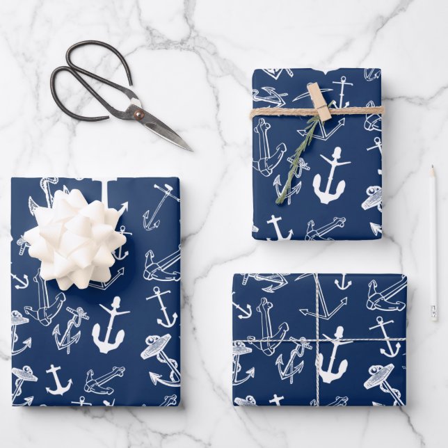 Nautical Navy Blue Anchor Pattern Wrapping Paper Sheets (Front)