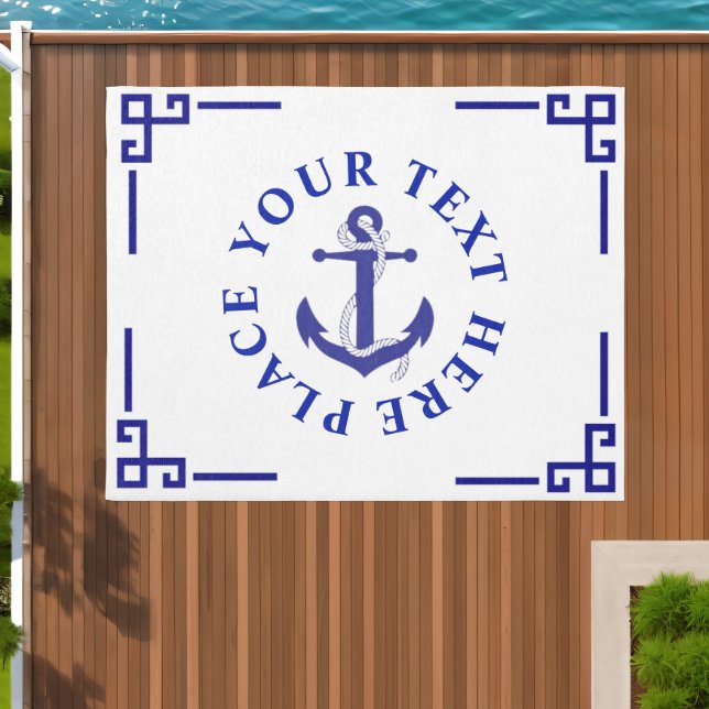 Nautical Navy Blue Anchor Personalized Coastal  Outdoor Rug (Insitu (Outdoor 1))