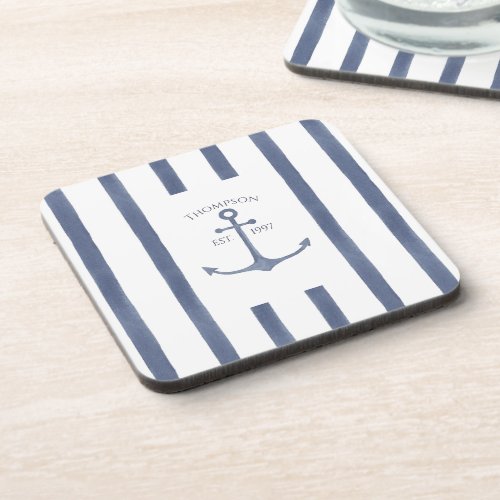 Nautical Navy Blue Anchor Personalized Coaster