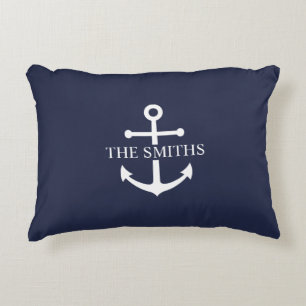 Nautical Navy Blue Anchor Personalized Family Name Accent Pillow