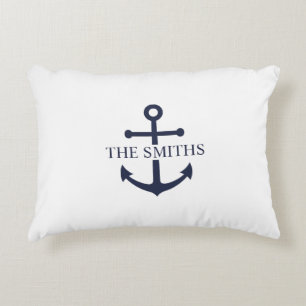 Nautical Navy Blue Anchor Personalized Family Name Accent Pillow