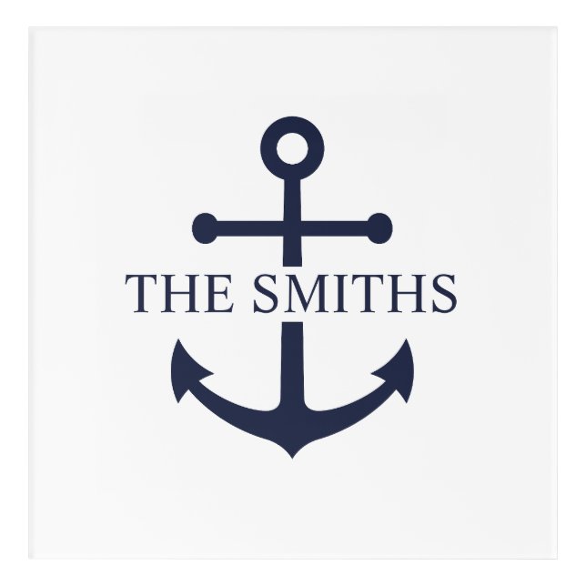 Nautical Navy Blue Anchor Personalized Family Name Acrylic Print (Front)