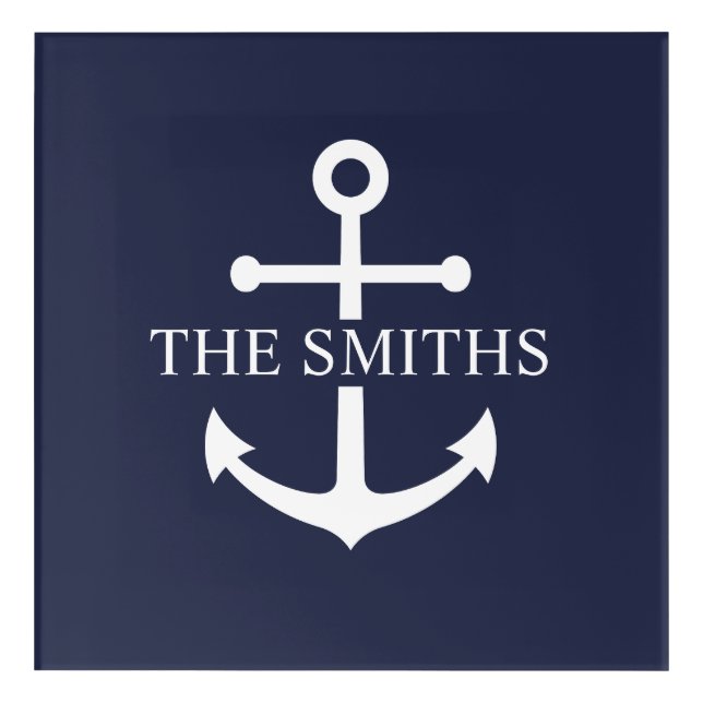 Nautical Navy Blue Anchor Personalized Family Name Acrylic Print (Front)