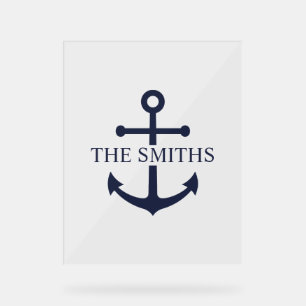 Nautical Navy Blue Anchor Personalized Family Name Acrylic Sign