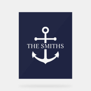 Nautical Navy Blue Anchor Personalized Family Name Acrylic Sign