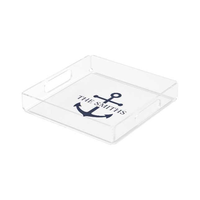 Nautical Navy Blue Anchor Personalized Family Name Acrylic Tray (Angled)