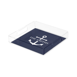 Nautical Navy Blue Anchor Personalized Family Name Acrylic Tray
