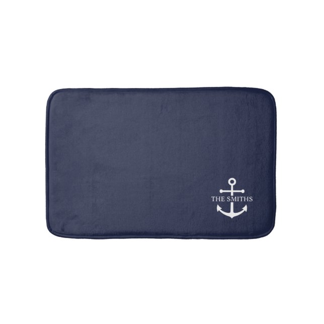 Nautical Navy Blue Anchor Personalized Family Name Bath Mat (Front)