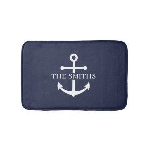 Nautical Navy Blue Anchor Personalized Family Name Bath Mat