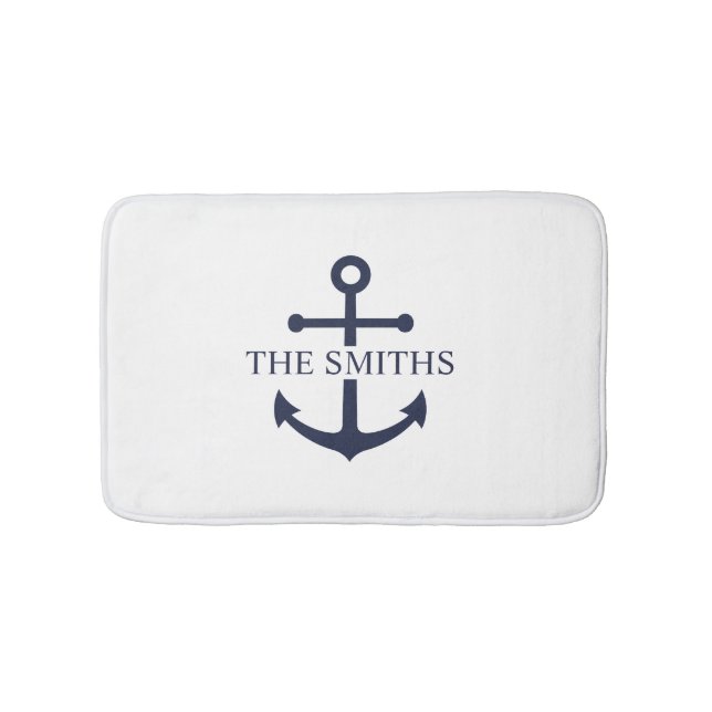 Nautical Navy Blue Anchor Personalized Family Name Bath Mat (Front)